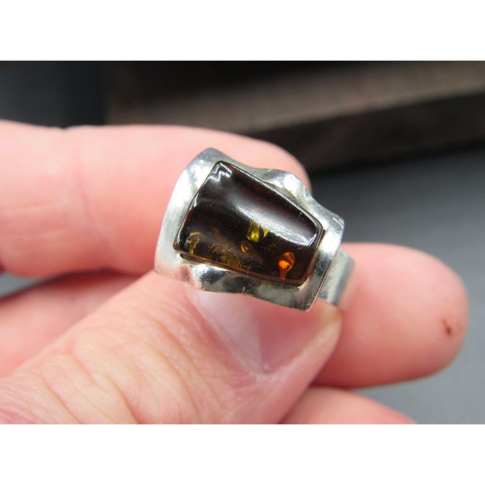 Size 6.5 Sterling Silver Abstract Dark Amber Band Ring Vintage Statement - Picture 5 of 9